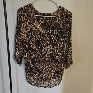 Nine West Ruched Tan and Brown 3/4 Sleeve Blouse